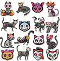 Set of 16 Day of the Dead cat skeleton wooden hanging ornaments with floral patterns - 8*0.2cm / Style E / 16-Piece Set