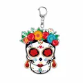 Acryl sleutelhanger met levendig sugar skull ontwerp en een kleurrijke bloemenkroon - Bloemenkrans Schedel Stijl (11255) / 55mm