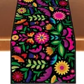 Mexican Fiesta floral table runner with colorful Day of the Dead pattern on linen - Black Background High Saturation Folk Pattern Style (Style 11) / 183x33cm