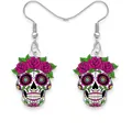 Boucles d'oreilles tête de mort en acrylique avec roses roses pour costume - Avec carte de présentation / Style 1 (Crâne Rose Violet)