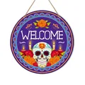 Vue détaillée de la plaque de bienvenue bois de 30 cm Jour des Morts avec crâne en sucre - Crâne en Sucre Violet Foncé (PY0086012)