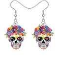 Boucles d'oreilles crâne Jour des Morts en acrylique avec décorations de fleurs colorées - Avec carte de présentation / Style 2 (Crâne Blanc Imprimé)