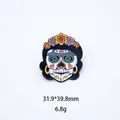 Close-up of Mexican sugar skull enamel pin with vibrant floral crown and detailed drip oil art. - Floral White Skull (09)