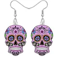 Boucles d'oreilles tête de mort en acrylique rose avec motif floral complexe pour femmes - Avec carte de présentation / Style 3 (Crâne Rose Motif Floral Bleu)