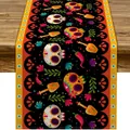 Camino de mesa mexicano del Día de los Muertos con calaveras de azúcar y flores - 17 / 33*90cm/lino/50g/tira