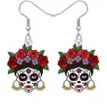 Boucles d'oreilles fait main en forme de crâne de sucre mexicain avec des roses rouges - Avec carte de présentation / Style 4 (Crâne Fleur Rouge)