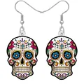 Acrylic Sugar Skull Earrings with Vibrant Red Flower and Blue Cross Patterns for Women - 5 / No Cardstock Included