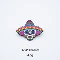 Detailed view of colorful Mexican sugar skull enamel brooch with size and weight - Blue Floral Yellow Hat Skull (17)