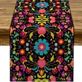 Mexican Fiesta Linen Table Runner with Vibrant Floral and Heart Folk Art Patterns - Dark Wood Background Black Color Symmetrical Folk Art Style (Style 50) / 183x33cm
