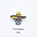 Colorful Mexican sugar skull enamel pin with sombrero, size 37x39mm, weight 4.5g. - Geometric Yellow Hat Skull (19)