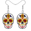 Colorful Day of the Dead acrylic skull earrings with yellow flower and heart accents - 6 / No Cardstock Included