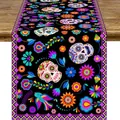 Day of the Dead Mexican table runner with colorful sugar skull and floral bird linen print - Black Background Multicolor Sugar Skull & Bird Style (Style 10) / 183x33cm
