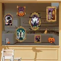 Decorative Halloween window stickers featuring skeletons, ghosts, and pumpkins for shop displays. - Strange House