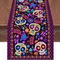 Mexican Day of the Dead linen table runner with colorful sugar skulls and floral print - Dark Purple Background Sugar Skull Bird Marigold & Serrated Edge Style (Style 47) / 183x33cm