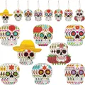 Detailed display of assorted colorful Day of the Dead wooden skull hanging ornaments - Style J