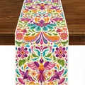 Vibrant Mexican Day of the Dead carnival floral patterned decorative table runner - Dark Brown Background Fully Printed Vivid Symmetrical Flower & Bird Style (Style 46) / 183x33cm
