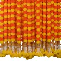 Vibrant orange and yellow artificial marigold flower garlands with golden bells and tassels - Style with Bells / Yellow Alternating