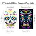 Fluorescerende Dag van de Doden schedel gezichtstatoeage sticker met goud glitter - JFV-002 Stijl / 14.5x21 cm