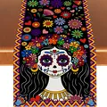 Festive Day of the Dead linen table runner featuring vibrant skull and flower print - Black Background Catrina Skull Maiden Style (Style 35) / 183x33cm