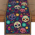 Vibrant Mexican Day of the Dead table runner featuring sugar skull and floral patterns - Dark Purple Background Painted Skull & Flourishing Flower Style (Style 21) / 183x33cm