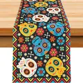 Mexican Day of the Dead table runner with colorful sugar skull and floral linen pattern - Black Background Color Skull Marigold & Geometric Serrated Edge Style (Style 37) / 183x33cm