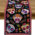 Vibrant Mexican sugar skull table runner with floral patterns on black linen fabric. - Black Background Cross Sugar Skull & Marigold Style (Style 44) / 183x33cm