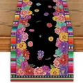 Runner da tavolo tradizionale messicano Fiesta con motivi floreali colorati su lino nero - Stile con fiori tropicali e strisce geometriche su sfondo nero (Stile 3) / 183x33cm