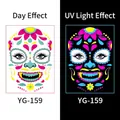 Autocollant de tatouage de visage fluorescent Jour des Morts avec effet de lueur UV Halloween - Motif de Crâne (YG-159) / 210*150MM