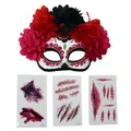 Masque Jour des Morts avec fleurs rouges et tatouages de blessures d'horreur pour Halloween - Ensemble B (Masque + 3 Autocollants)