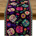 Runner da tavola in lino Giorno dei Morti messicano con teschi di zucchero colorati - Stile con teschi di zucchero e fiori su sfondo nero (Stile 1) / 183x33cm