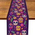 Mexican Day of the Dead purple linen table runner with colorful sugar skull pattern - Dark Purple Background Lace-Edge Painted Skull & Marigold Style (Style 53) / 183x33cm