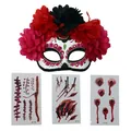 Demi-masque fleuri Jour des Morts avec trois feuilles de tatouages de plaies réels - Ensemble A (Masque + 3 Autocollants)