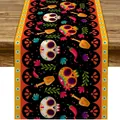 Mexican Fiesta table runner featuring Day of the Dead sugar skull prints on linen - Black Background Chili Agave & Skull Style (Style 27) / 183x33cm