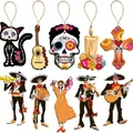 Mexican Day of the Dead wooden ornaments set with sugar skulls and mariachi figures - Style G