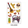 Cartoon Day of the Dead temporary tattoo sheet with skeletal cat and sugar skull motifs WS-A059 - Cartoon Skull Style (WS-A059) / 120*76mm
