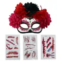 Day of the Dead flower mask set including three sheets of realistic horror wound tattoos - Set C (Mask + 3 Stickers)