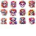 Lot de pendentifs en bois crâne en sucre mexicain Jour des Morts pour la décoration - Style K / Lot de 12