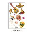 Mexican Day of the Dead temporary tattoo sheet with colorful sugar skulls and guitar - Cartoon Skull Style (WS-A060) / 120*76mm