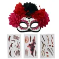Day of the Dead floral mask set with realistic wound tattoo stickers for Halloween party - Set D (Mask + 3 Stickers)