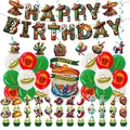 Vue détaillée de la décoration de fête d'anniversaire mexicaine avec bannière - Décoration Complète (Bannière+24 Toppers+1 Grand Topper+18 Ballons+6 Spirales)