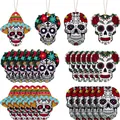 Set of colorful wooden sugar skull ornaments for Day of the Dead party home decor - Style I