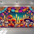 Levendige Dag van de Doden achtergrond met schedels en kaarsen voor feestdecoratie - 90x60cm