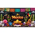 Vivace sfondo messicano per fiesta con cactus, chitarra e teschi colorati del Giorno dei Morti. - Stile Teschio del Giorno dei Morti (12001020251112)