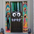 Mexikanische Day of the Dead Türbanner mit Skelett-Musikern in traditioneller Tracht - Stil 1 / Paar von 2 Stück / Bunter Totenkopf-Spruch
