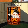 Halloween Gartenfahne mit süßem Geist, schwarzer Katze und Kürbis - 30x45cm / Bunt
