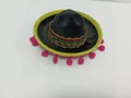 Top view of a mini Mexican sombrero with festive pom-poms on a white surface - Black Felt Yellow Trim Pink Pompom Style (27) / Headband Style