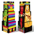 Close-up of stacked Cinco de Mayo party boxes featuring vibrant cactus and pinata illustrations. - Party Stackable Paper Box Set (9)