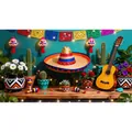 Vivace sfondo per festa messicana con sombrero, chitarra e decorazioni di cactus - Stile Scena Cappello e Chitarra (12000920251112)