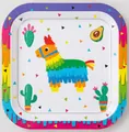 Assiette en papier carrée festive avec design de piñata âne mexicain et de cactus - Pack de 8 en 9 Pouces