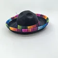 Detailed close-up view of a mini black Mexican felt sombrero with colorful serape striped brim. - Black Felt Colorful Webbing Style (31) / Headband Style
